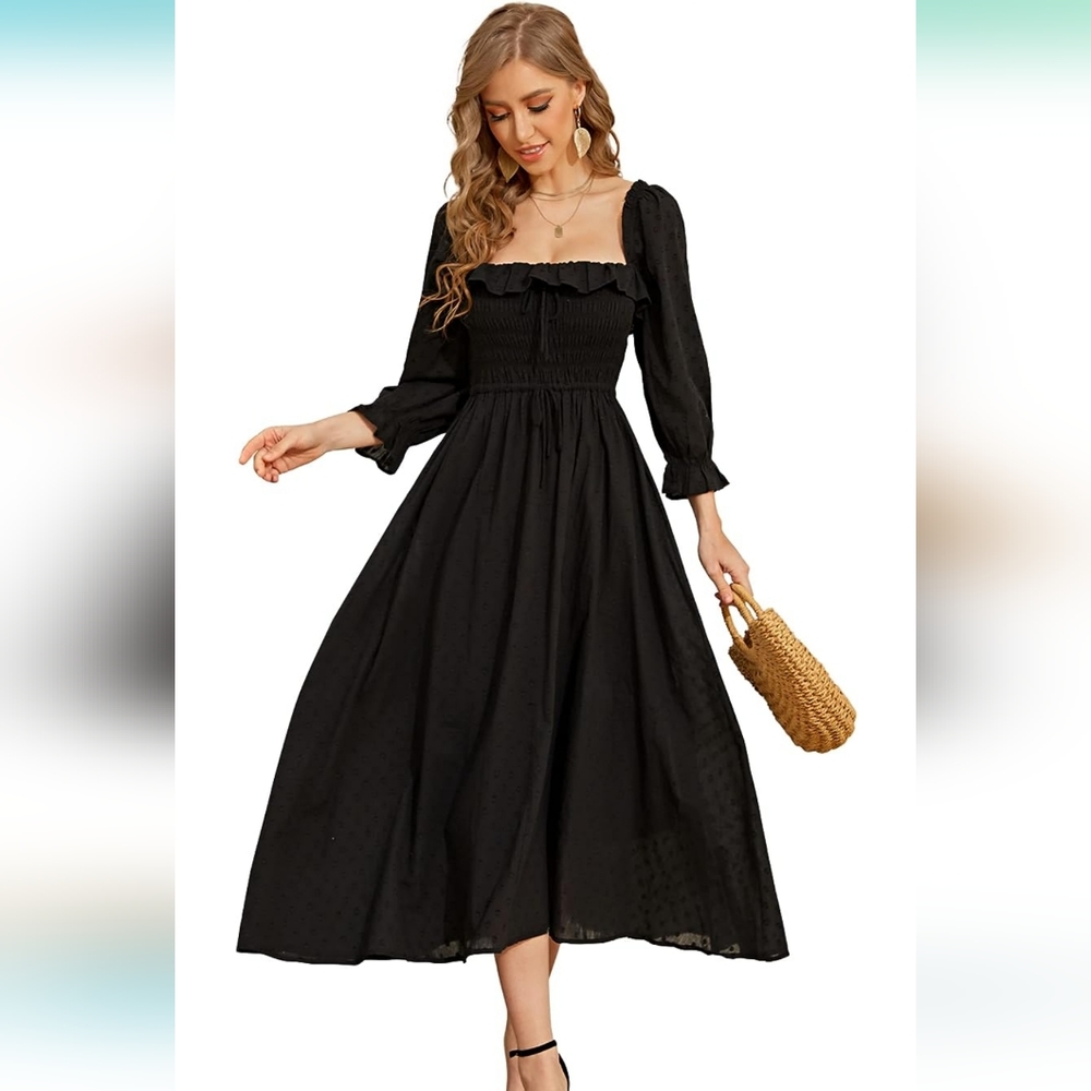 Elastic Square Neck Ruffled Half Sleeve Backless Flowy Maxi Dress